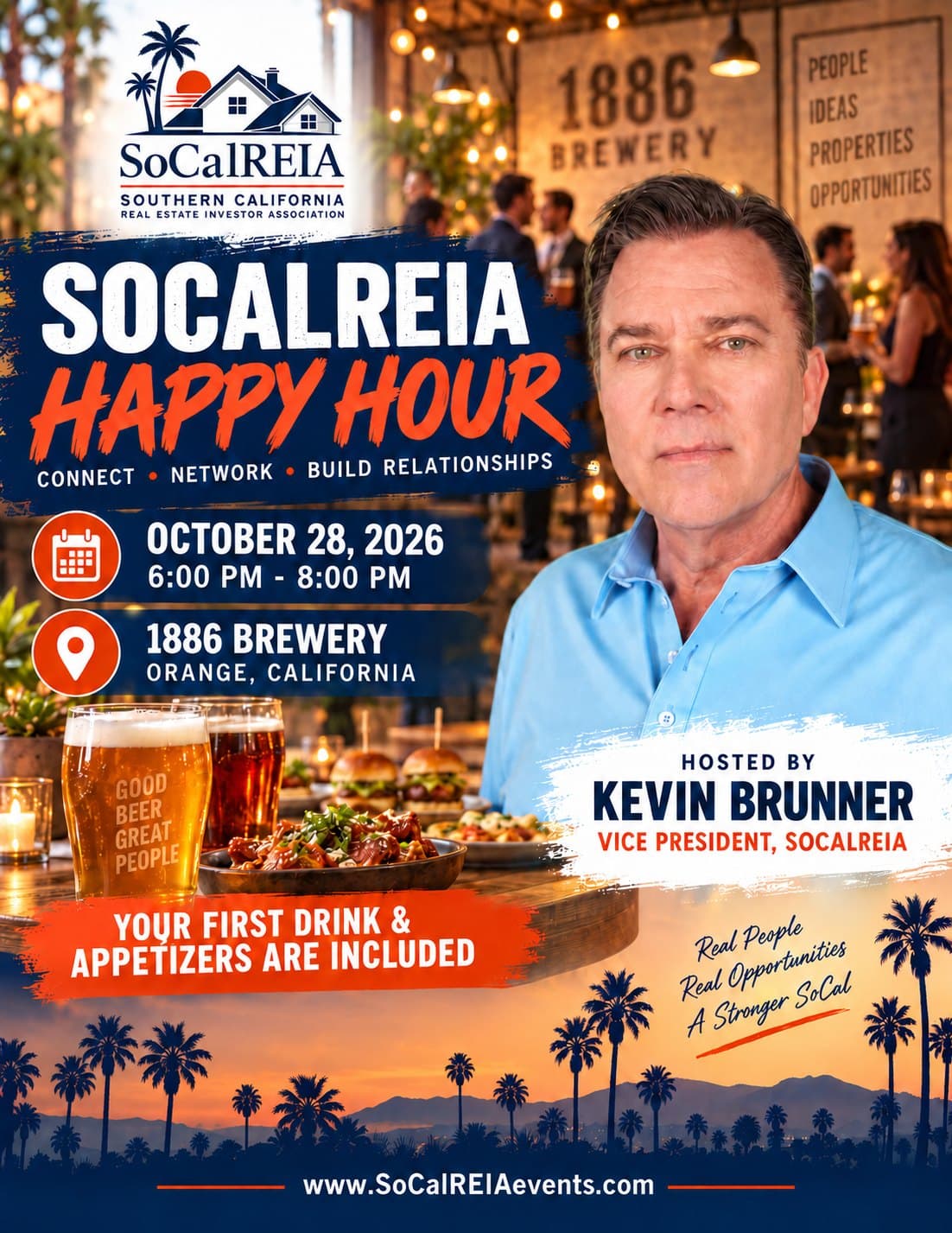 SoCalREIA Happy Hour flyer: October 28, 2026, 6–8 PM, 1886 Brewery, Orange. Your first drink and appetizers are included.