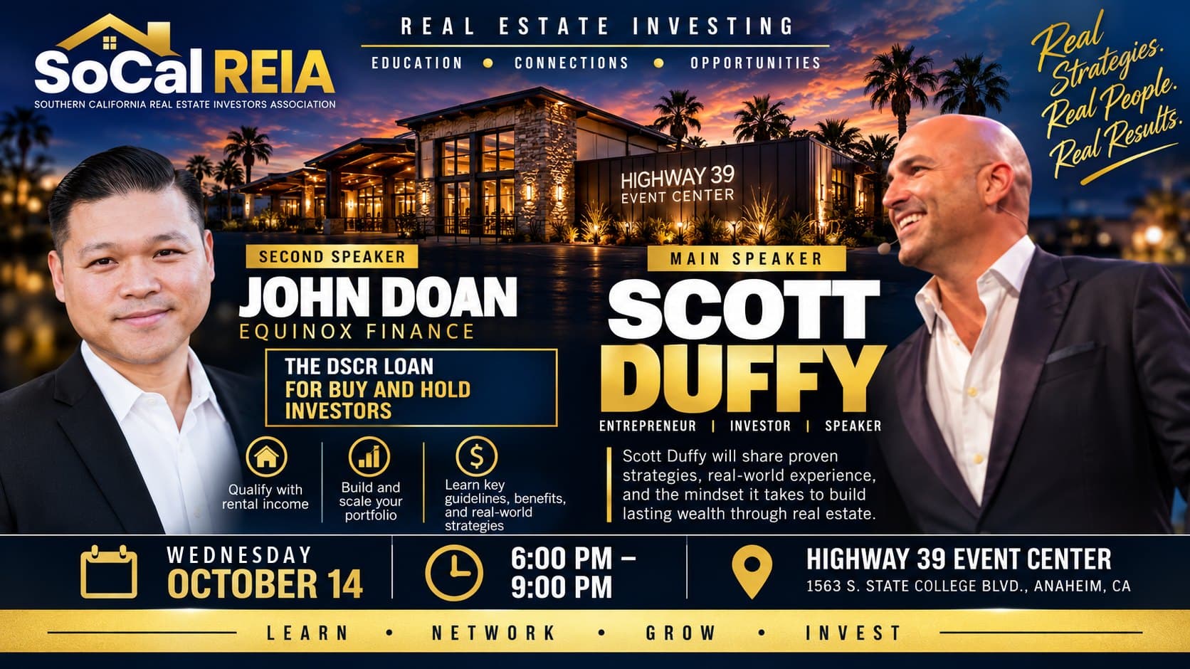 SoCalREIA October 14 flyer: main speaker Scott Duffy and second speaker John Doan at the Highway 39 Event Center