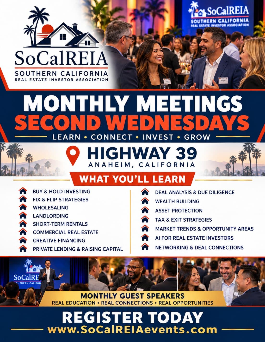 SoCalREIA flyer: Monthly meetings, second Wednesdays, Highway 39 in Anaheim. Learn, connect, invest, grow.