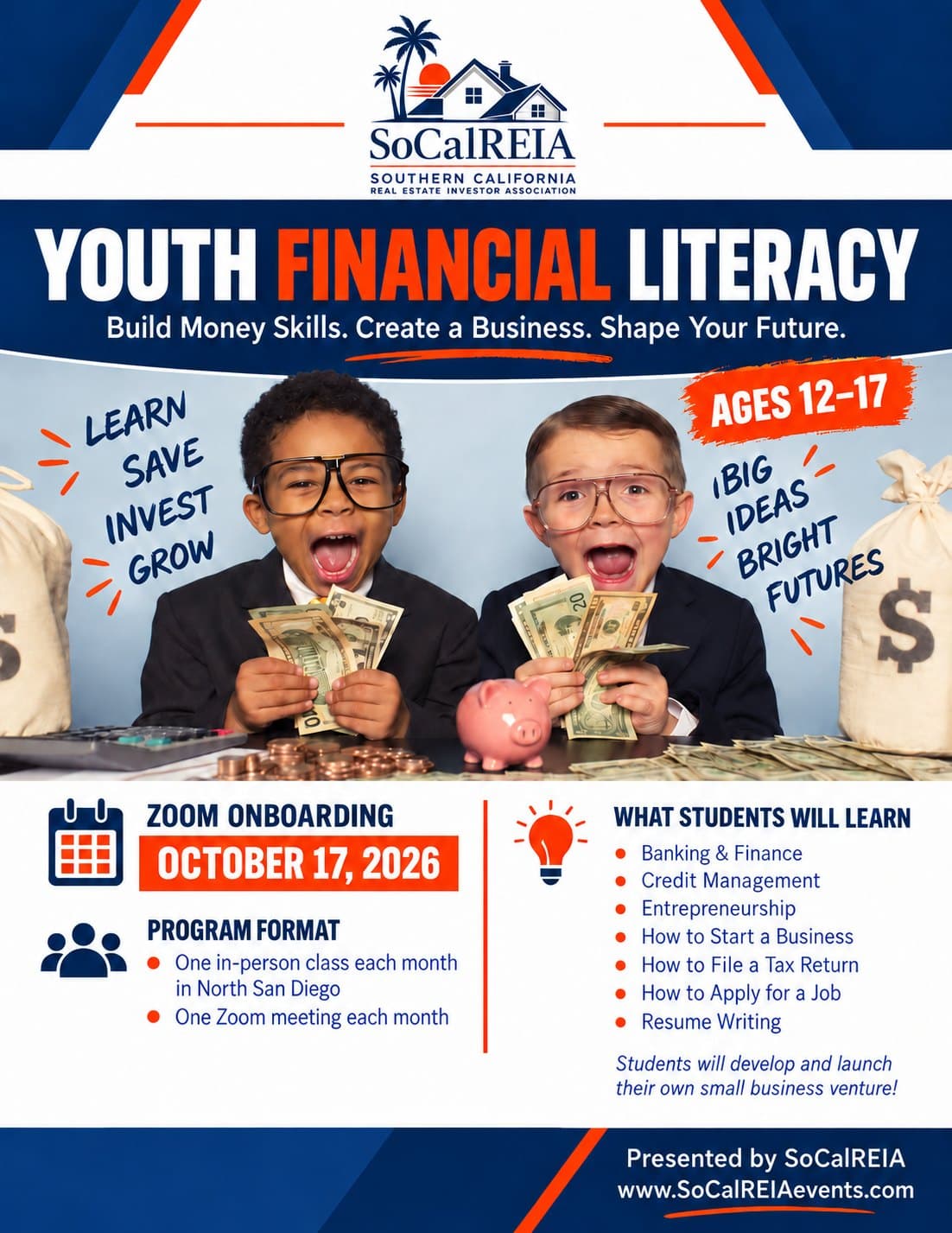 SoCalREIA Youth Financial Literacy flyer: Zoom onboarding October 17, 2026, ages 12–17